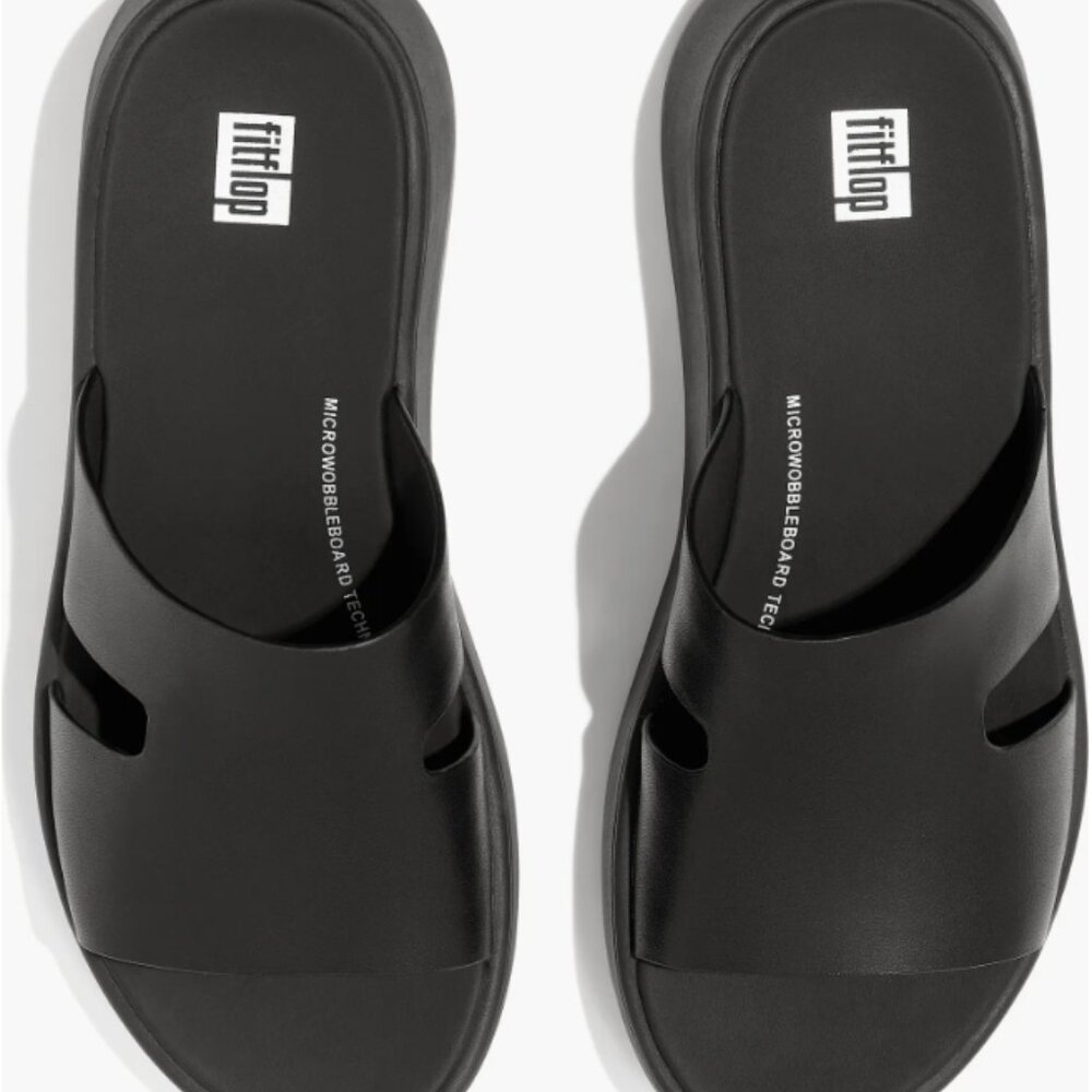 FitFlop Women's F-Mode Raw Edge Leather Flatform H-Bar Slide Black 11US NWB - Picture 2 of 4